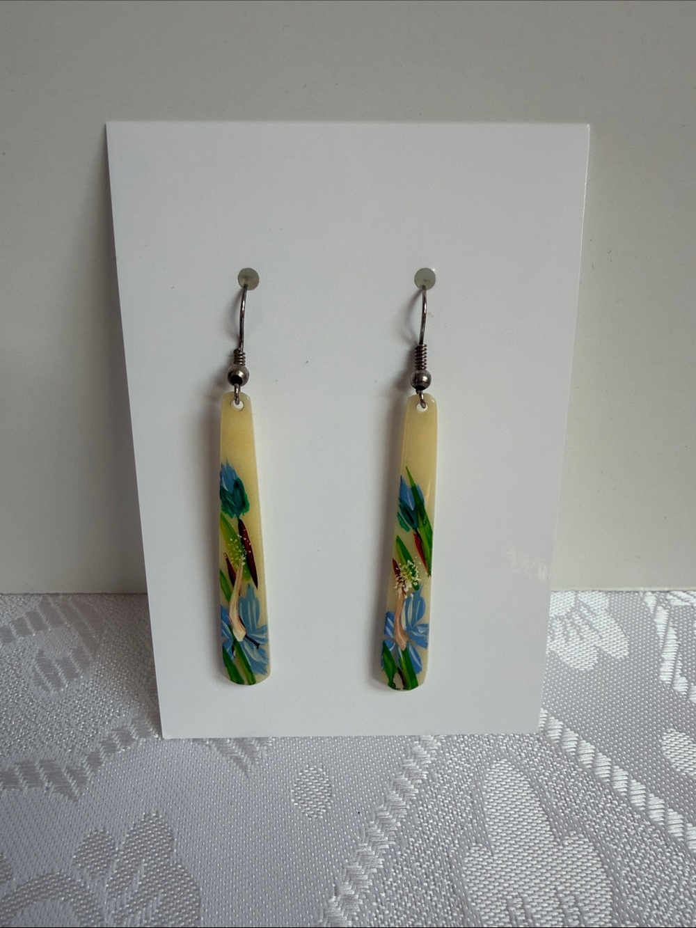 Hand-Painted Cream Floral Drop Earrings - Women Jewelry